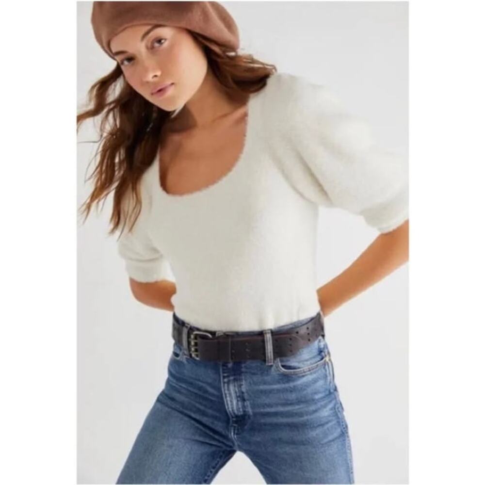 Free People Moonbeam Soft Faux Fur Texture 3/4 Puff Sleeve Pullover Sweater